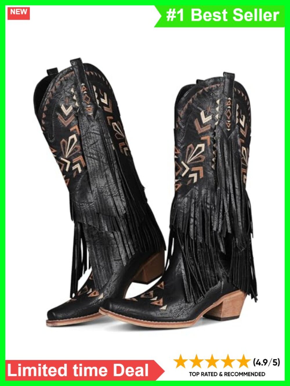 Women's Knee High Fringe Cowgirl Boots Pointed Toe Block Heel Pull On
